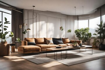 a living room with sleek, minimalist furniture in earthy tones