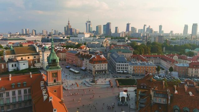 Aerial sunset view of Warsaw Royal Castle and the Castle Square, Poland