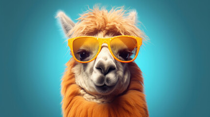 Funny alpaca wearing sunglasses and looking at camera on blue background