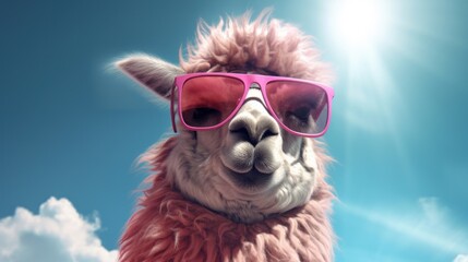 Funny llama wearing pink sunglasses against blue sky with white clouds