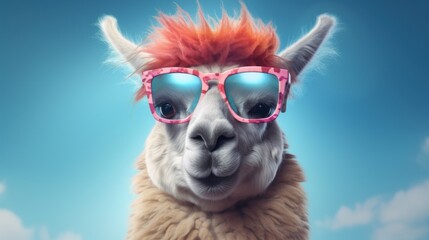 Fototapeta premium Funny llama wearing sunglasses on blue sky background. Funny animal