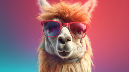 Llama with sunglasses on a colorful background. 3d rendering
