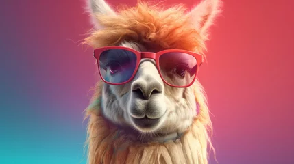Papier Peint photo Lavable Lama Llama with sunglasses on a colorful background. 3d rendering
