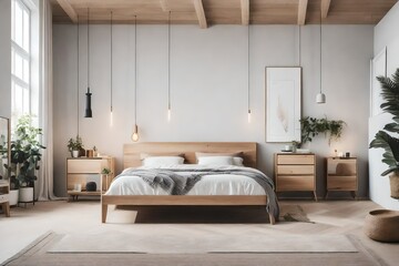 a bedroom scene with a Scandinavian-inspired bedframe and a neutral color palette