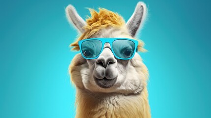 Funny llama with sunglasses on blue background. 3d illustration