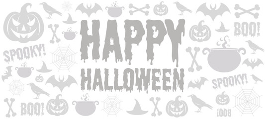 Happy halloween banner. White halloween background with pumpkin, bat, bones, crow, caldron. Halloween theme.