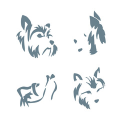 Set of different expressions of a Yorkshire terrier muzzle. Vector drawing of the head of a small dog. Gestalt animal design