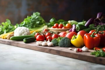 Fresh vegetables are arranged on a marble table in the kitchen. Healthy concept for diet and cooking.