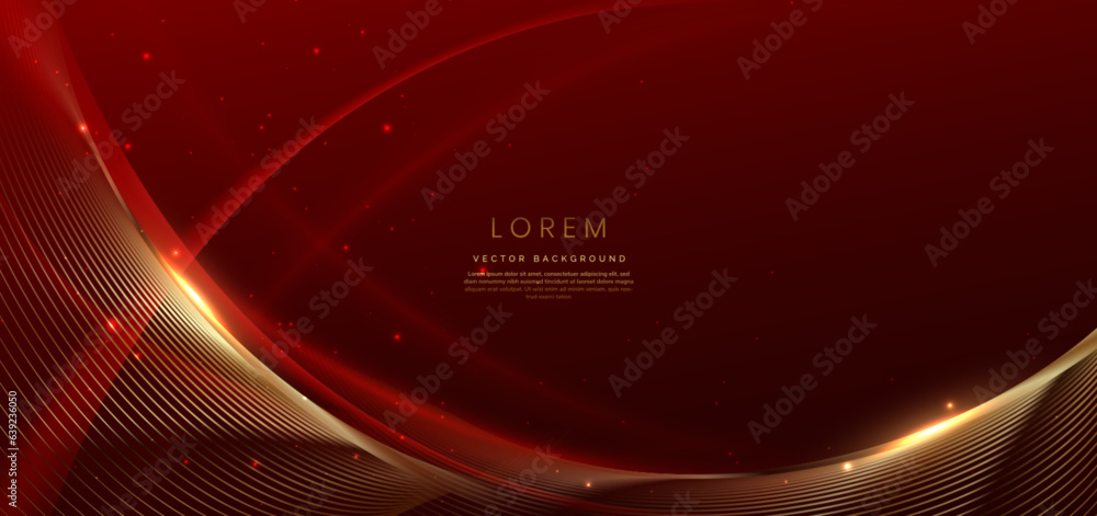 Poster bstract red background with golden lines and lighting effect. luxury design style.