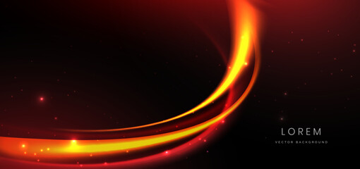 Abstract technology futuristic curved glowing neon yellow and orange light ray on black background with lighting effect.