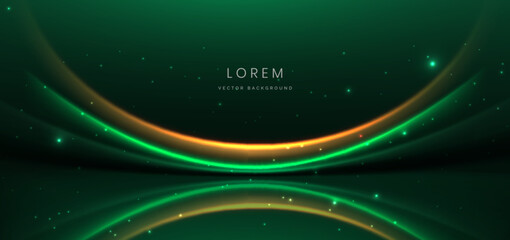 Luxury green background with green and golden line curved and lighting effect sparkle.