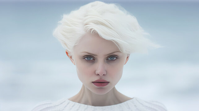 Beautiful young albino girl, woman with white skin and hair against the background of the sea, ocean, ice, generative AI