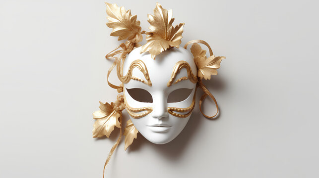 Theatrical white plaster mask with a gold pattern on a white background.