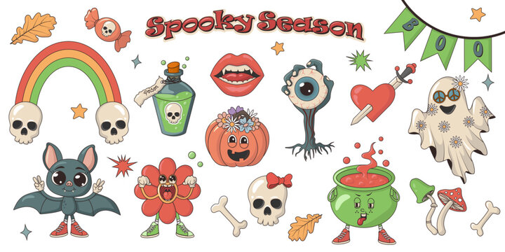 Happy Halloween vintage groovy set. Vector collection of funky psychedelic hippie 70s style mushrooms, pumpkin, rainbow, ghost, skull, potion, eye, flower, heart and bat.