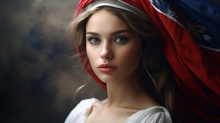 Beautiful young woman with платком on her head. Close-up portrait. Ai render.