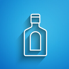 White line Bottle of shampoo icon isolated on blue background. Long shadow. Vector
