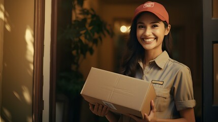 A smiling parcel delivery girl, a postman with a box in his hands.