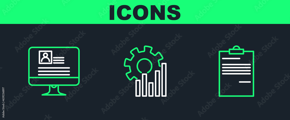 Poster set line document, computer monitor with resume and pie chart infographic icon. vector