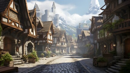 An illustration of the small medieval fantasy town.
