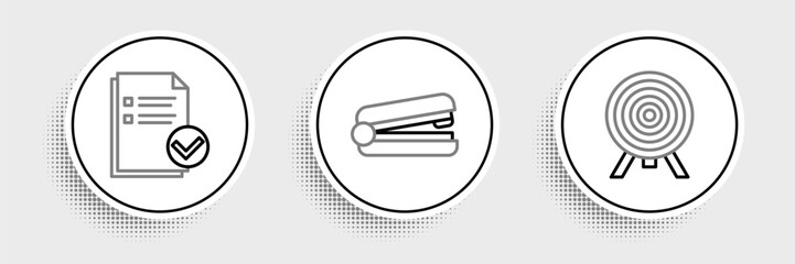 Set line Target, Document and check mark and Office stapler icon. Vector