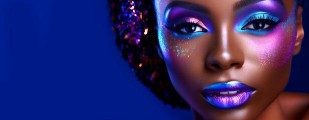 African American model with unique colorful makeup inspired by the cosmic palette, focusing on the eyes. Background of deep blue. Banner. Generative Ai content.