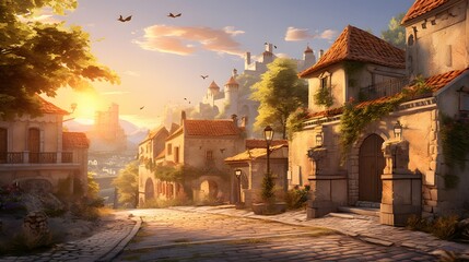 An illustration of the small medieval fantasy town.
