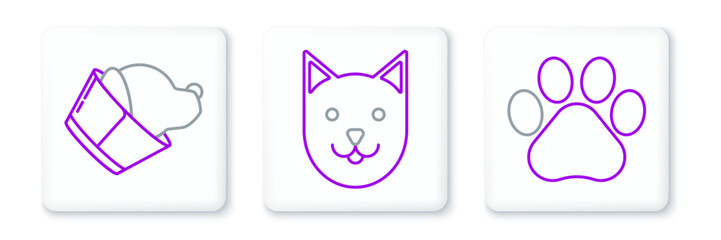 Set line Paw print, Veterinary clinic symbol and Cat icon. Vector