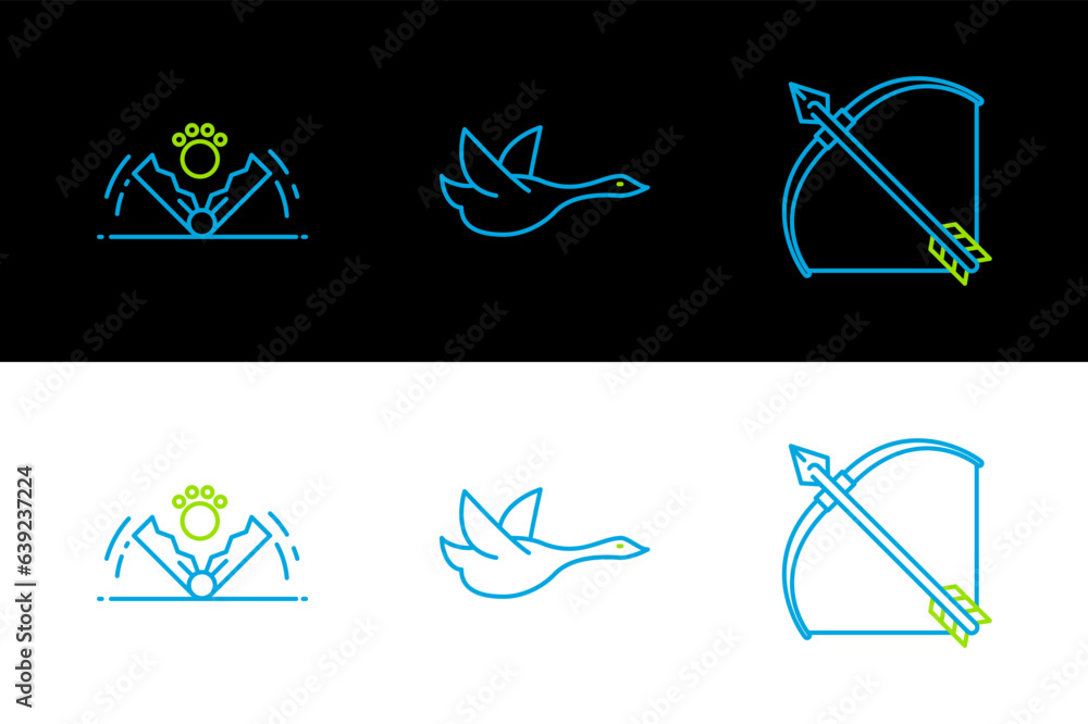 Poster set line bow and arrow in quiver, trap hunting and flying duck icon. vector