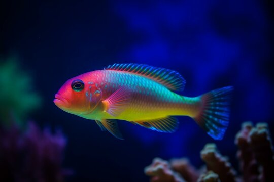 A fish swims near corals and algae, with a blue background and colorful glow. Keywords: fish, swimming, water, corals, algae, blue, yellow glow, red glow. Generative AI