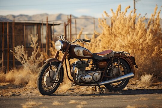 A vintage motorcycle parked along the roadside. Generative AI