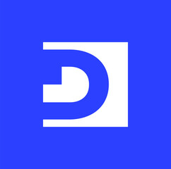 D company brand name initial letters monogram in blue color.