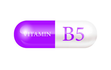 Capsule vitamin B5 (Thiamine) 3D Vector Illustration. Cut out PNG. Structure purple, white. Vitamin complex with chemical formula. Drug business concept. Personal care, beauty. transparent pill.