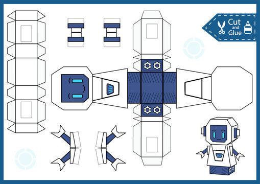 Craft game cut and glue paper 3d robot. Kids papercraft template. Education activity printable page. DIY model toys.