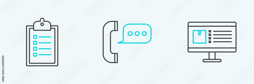 Poster set line computer monitor with app delivery tracking, verification of list clipboard and telephone s