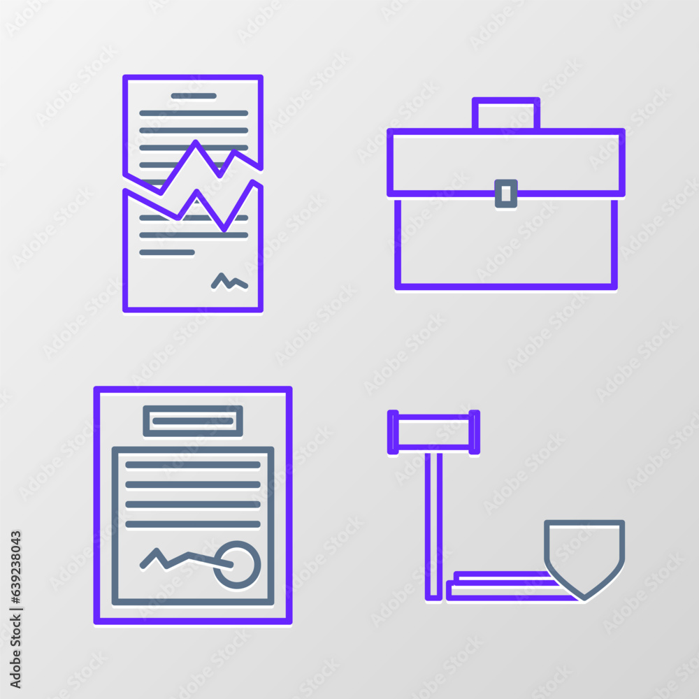 Aufkleber set line judge gavel with shield, filled form, briefcase and torn contract icon. vector