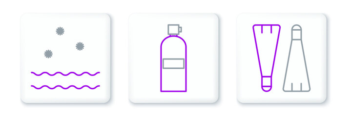 Set line Rubber flippers for swimming, Cold and waves and Aqualung icon. Vector © Oksana