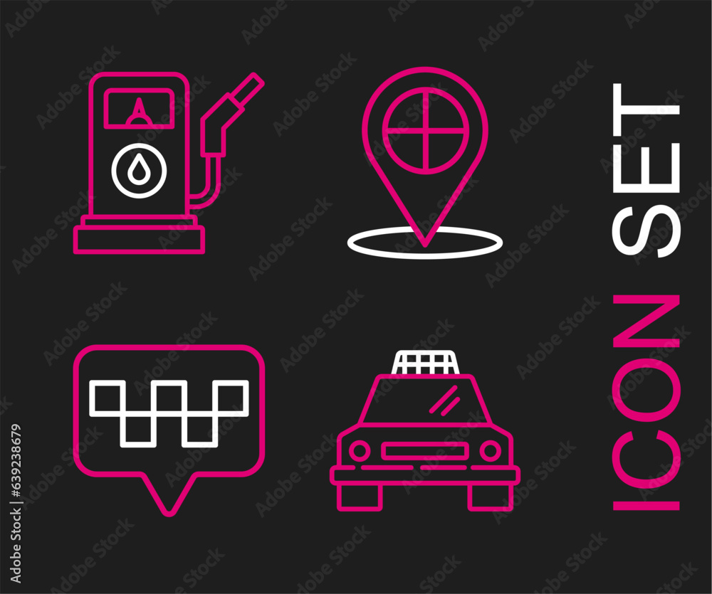 Poster set line taxi car, map pointer with taxi, and petrol or gas station icon. vector