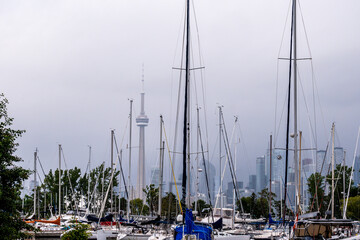 masts in a marina blend with a big city skyline (background) on a foggy summer day shot on the toronto islands