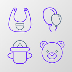Set line Teddy bear plush toy, Baby bottle, Balloons with ribbon and bib icon. Vector