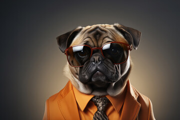 a smiling pug wearing business suit, standing on isolate dark background, sunglasses