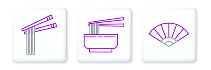 Set line Paper chinese or japanese folding fan, Asian noodles and chopsticks and bowl icon. Vector