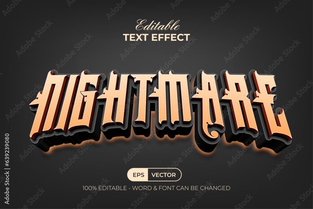 Poster nightmare text effect curved style. editable text effect.