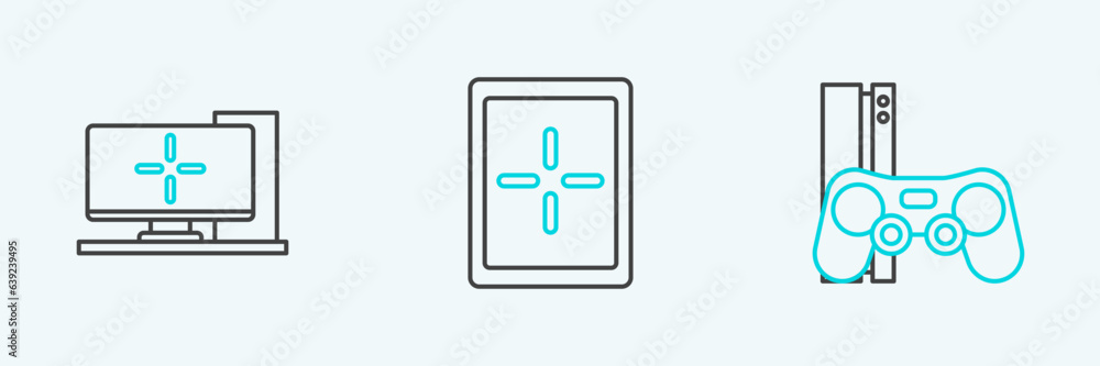 Poster set line game console with joystick, computer monitor and tablet icon. vector