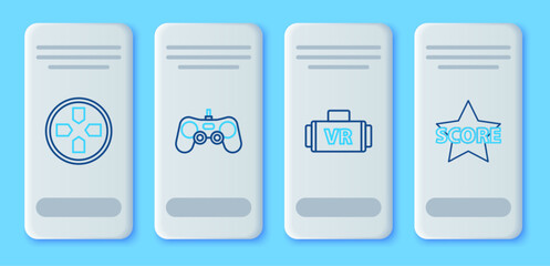 Set line Gamepad, Virtual reality glasses, and Star icon. Vector