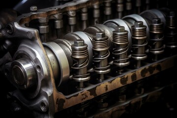Fototapeta na wymiar Detailed view of repairing a diesel engine, showcasing injectors and camshaft. Generative AI