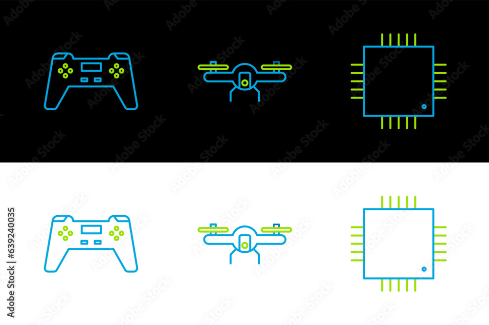 Poster set line processor with microcircuits cpu, gamepad and drone flying icon. vector