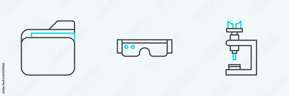 Poster set line microscope, document folder and smart glasses icon. vector