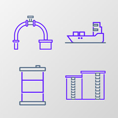 Set line Oil industrial factory building, Barrel oil, tanker ship and Industry pipe and valve icon. Vector