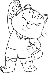 Cute cat doing exercise cartoon character outline, coloring page