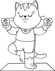 Cute cat doing exercise cartoon character outline, coloring page